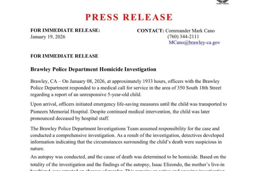  PRESS RELEASE: Brawley PD Homicide